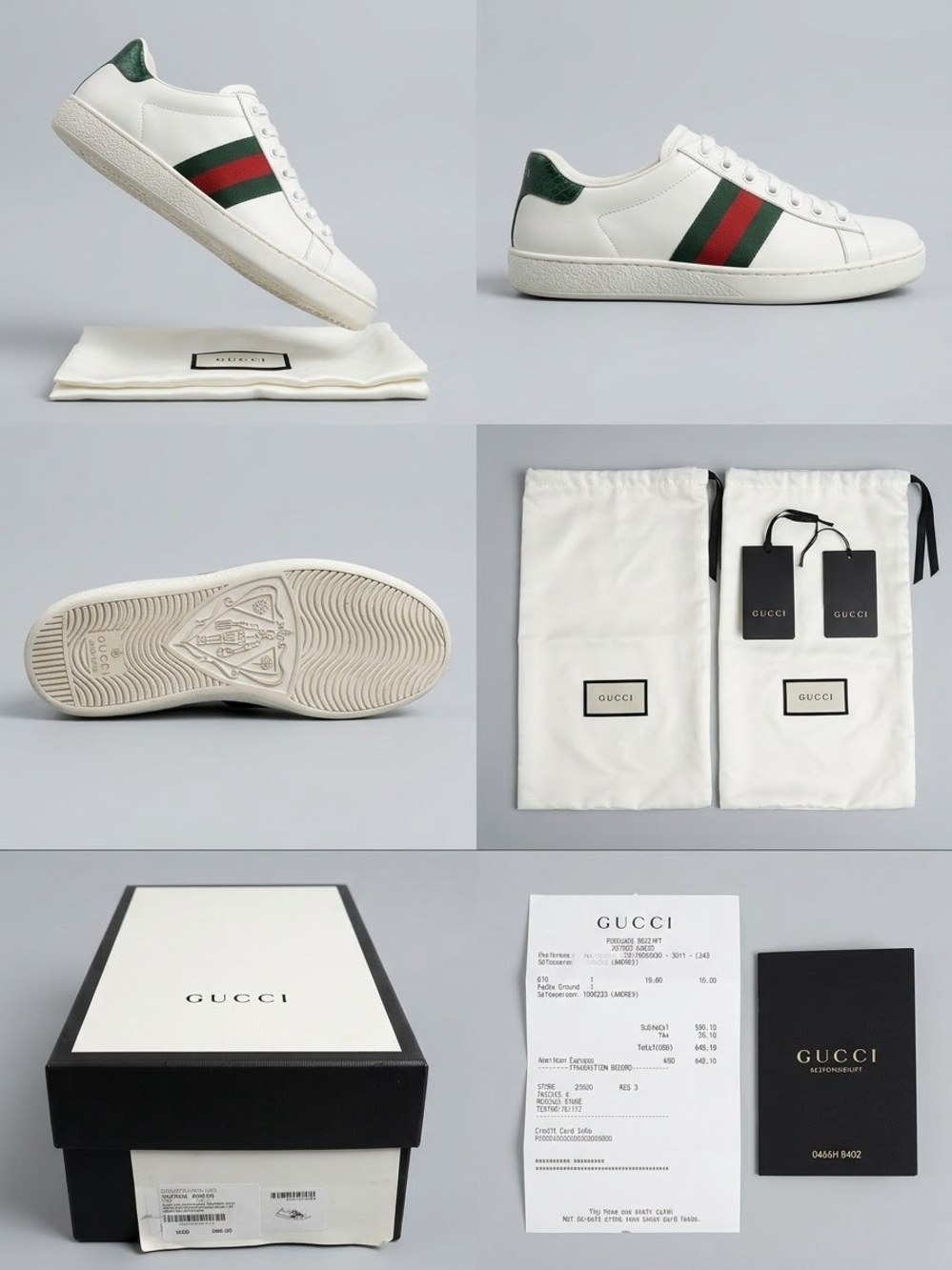 Gucci unisex women’s Men's size 4 / 34 White Leather Sneakers with Green & Red